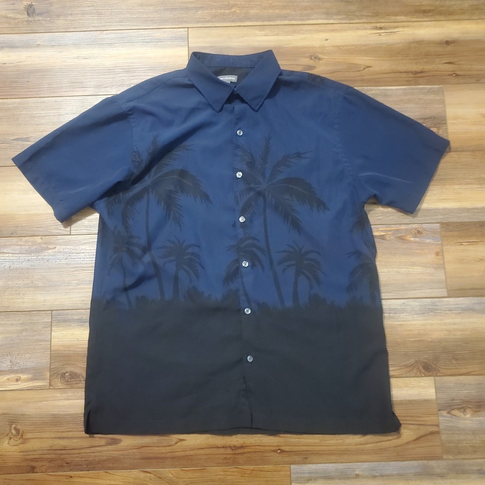 Van Heusen Mens Large Hawaiian Ombre Palm Tree Tropical Button Up Camp Shirt L